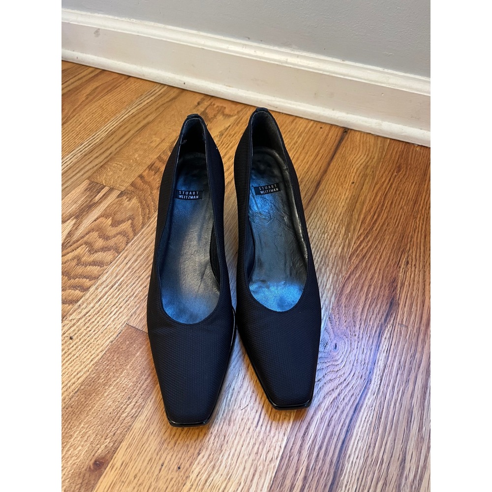 Y2K Stuart Weitzman Black Fabric Square Toe Block Heel Pumps 8.5 B 5W63382